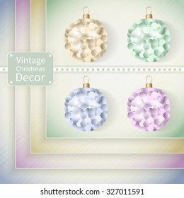 Vector illustration: set of vintage christmas decor in pastel colors - four varicolored fluffy  christmas tree balls and four golden, green, blue and purple striped backgrounds with circle gradient