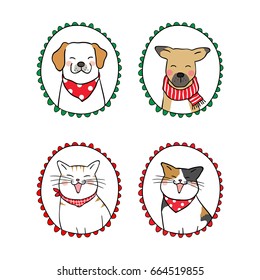 Vector illustration set vintage frame portrait of cute cat and dog.