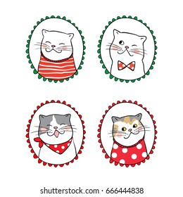 Vector illustration set vintage frame portrait of cute cat for Christmas.