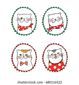 Vector illustration set vintage frame portrait of cute cat dog  for Christmas day.