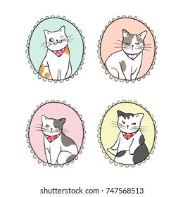 Vector illustration set vintage frame portrait of cat on sweet pastel.Doodle cartoon style.