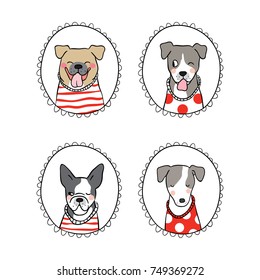 Vector illustration set vintage frame of outline portrait dog.Doodle cartoon style.