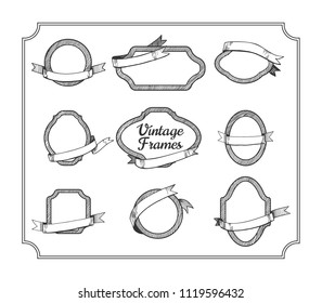 Vector illustration of the set of the vintage frames with ribbons on it. Vintage engraving hand drawn vignettes.