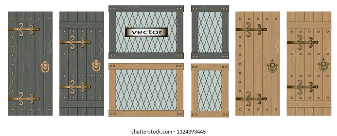 Vector illustration set of vintage, medieval doors and Windows natural texture of old and fresh wood and stained glass, ancient architecture design with forged elements