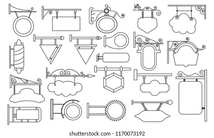 Vector illustration set of vintage and modern, old shop signs. Signage shop sign route hanging information banner retailer. Signboard signage Mockup Template Mounted on the Wall outline icon.