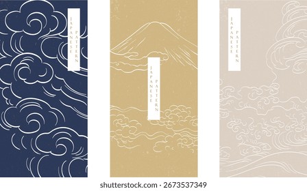Ilustración vectorial de un conjunto de montaña vintage y onda con Elementos nublados en estilo japonés.
