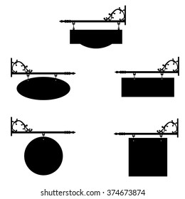 Vector illustration set of vintage, old shop signs. Signage shop sign route hanging information banner retailer.