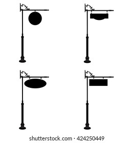 Vector Illustration Set Of Vintage, Old Shop Signs. Signage Shop Sign Route Hanging Information Banner Retailer. Vintage Sign Post