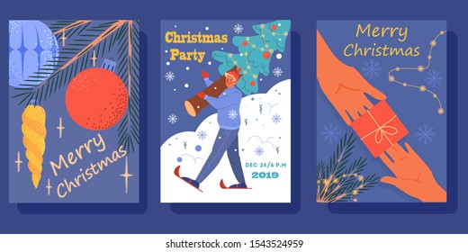 Vector illustration set of vintage posters for christmas and new year. Set of hoiday season card in retro style. Collection of cartoon style banner with christmas tree, decoration and gift