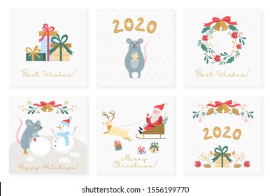 Vector illustration set of vintage posters for christmas and new year. Set of holiday card in retro style. Collection of banner with christmas decoration and gift, santa claus, red bow, golden bells