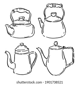 Vector illustration with set vintage retro teapots