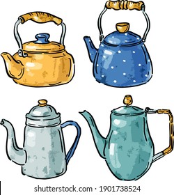 Vector illustration with set vintage retro teapots