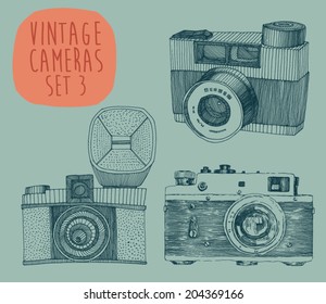 Vector illustration, set of vintage, retro, old camera, hand drawn, engraved style 