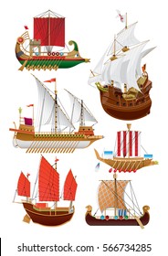 Vector illustration set of vintage sailing ships. phoenician ship - bireme, galleon, galley, chinese ship - junk, viking ship - drakkar. isolated on white.