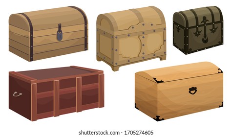 Vector illustration set of vintage wooden chests in cartoon style. Large Chests For treasures and pirates, as well as for storing things or products