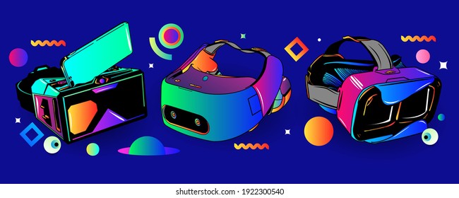 Vector Illustration set of VIRTUAL REALITY GLASSES. Glasses headset, Abstract technology Background For Web or poster.