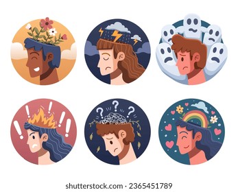 Vector illustration set is a visual representation of various mental health conditions, helping to raise awareness and reduce stigma around mental health.
Ideal for education, web, infographic, etc