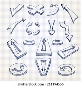 vector illustration. Set volume of arrows. Sketch on notebook page