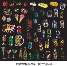 vector illustration set of vrious food and drink.line style drawing.