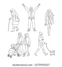 Vector illustration set of walking people in winter time isolated on white background in sketch style - hand drawn outline characters in warm clothes for winter seasonal design.