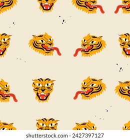 Vector illustration set with walking tiger and tiger head. Cartoon animal character. Seamless pattern