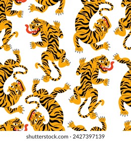 Vector illustration set with walking tiger and tiger head. Cartoon animal character. Seamless pattern