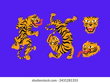 Vector illustration set with walking tiger and tiger head. Cartoon animal character. Ideal for print