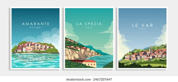 Vector illustration. Set of wall posters, travel posters, banners, postcards, covers. Italy, France, Portugal. Tourism, travel. Modern design.