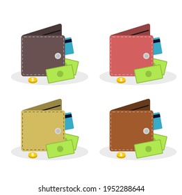 Vector illustration set of a wallet containing cash and credit cards, holiday and travel themes, perfect for business and advertising designs