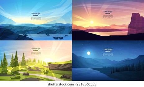 Vector illustration. Set of wallpapers in minimalist flat style. Day scene, mountains by water, evening sunset scene, meadow hills with forest pine trees, night scene by lake. Design for web banner