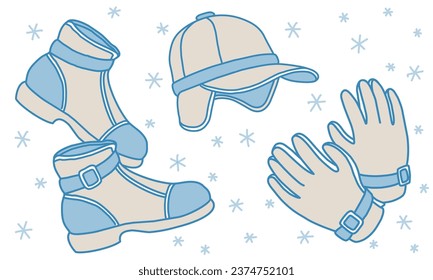 Vector illustration of set of warm clothes from boots, cap and gloves for winter design.