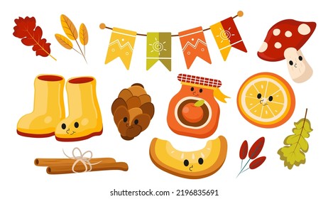 Vector and illustration set of warm and happy autumn elements in cartoon style, includes happy rubber boots, pumpkin slice, mushroom, smiley orange jam, pine cone, orange slice, cinnamon, autumn leaf