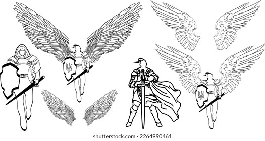 Vector illustration set of warriors,knight,Ukrainian Cossack defender with coat of arms on shield, angel wings, warrior with wings,for use in logo,pictures,banners,calendars and for personal use.