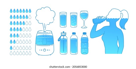 Vector Illustration Set Of Water Balance Hydration Concept. Isolated On White Background.