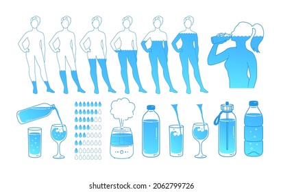 Vector illustration set of water balance hydration concept. Isolated on white background.