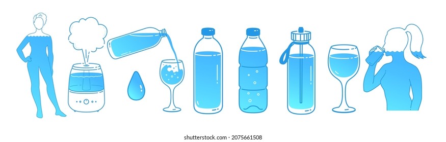 Vector illustration set of water balance hydration concept. Isolated on white background.
