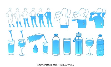 Vector illustration set of water balance hydration concept. Isolated on white background.