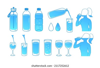 Vector illustration set of water balance hydration concept. Isolated on white background.