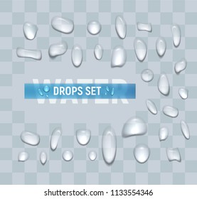 Vector illustration set of water drops on transparent background.