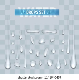 Vector illustration set of water drops on transparent background.