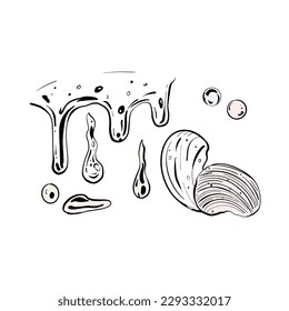 Vector illustration of set of water or soap wave, drops and bubbles on white background. Black outline, graphic drawing in curves. For card, decoration, textile printing, poster, sticker, logo, banner