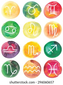 Vector illustration of a set of watercolor circle backgrounds with horoscope signs, in bright cheerful colors