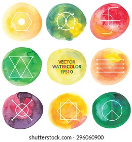 Vector illustration of a set of watercolor circle backgrounds with abstract signs, in bright cheerful colors