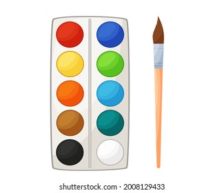 Vector illustration set of watercolor paints and a brush for painting. Artist tools isolated on white background. Color palette in cartoon style.
