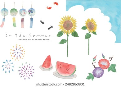 Vector illustration set of watercolor summer scene