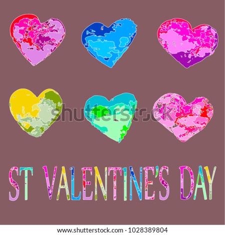 Vector illustration Set of watercolors hearts with caption: Be mine Valentine on a broun background. St Valentine's Day.