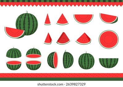 Vector illustration set of watermelon. Large watermelon and cut watermelon. Watermelon pattern seamless pattern and decoration.