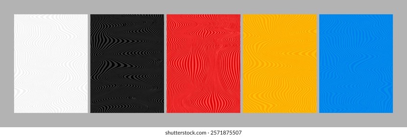 Vector illustration. Set of wavy line patterns with dynamic waves. Minimal design for poster, book cover, magazine, report, flyer, layout. Liquid distortion hypnotic concept. Modern style background 