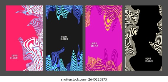 Vector illustration. Set of wavy line patterns with dynamic waves. Minimal design for flyer, coupon, leaflet, voucher, vertical background. Liquid distortion hypnotic concept. Retro style wallpapers
