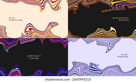 Ilustração vetorial. Conjunto de padrões de linhas onduladas com ondas dinâmicas. Design mínimo para banner web, modelo de apresentação horizontal, capa. Conceito hipnótico de distorção líquida. Plano de fundo do estilo retrô